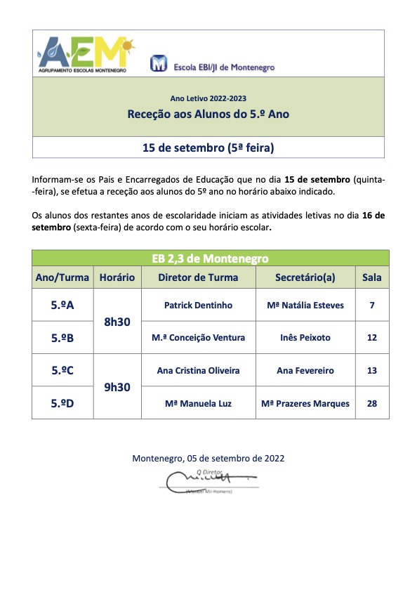 2ºCiclo Receção Alunos 5ºAno 2022 2023 DT