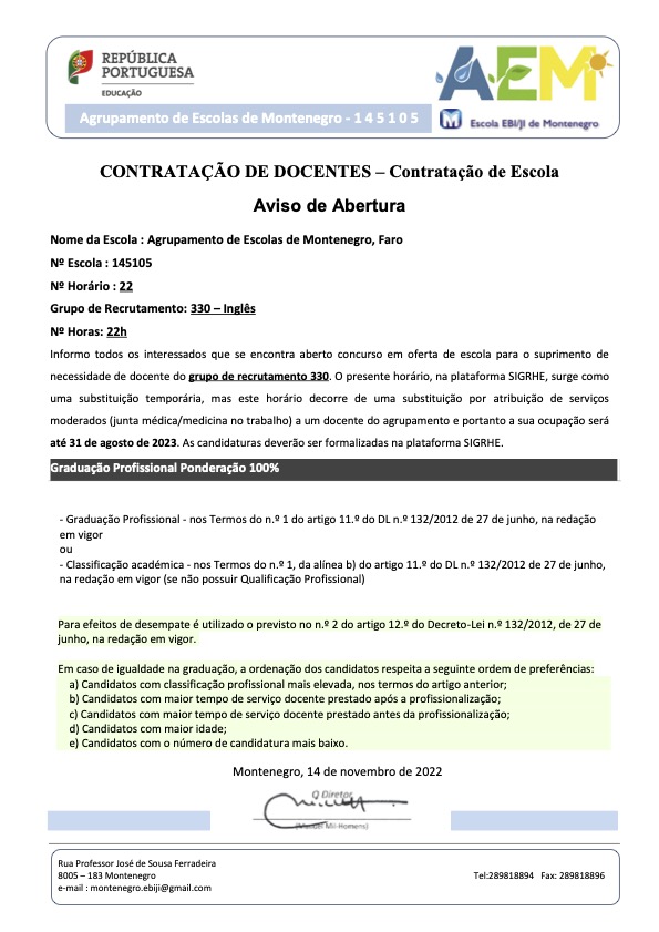 CONTRATAÇÃO DE DOCENTES - Contratação de Escola Grupo 330 (Inglês)