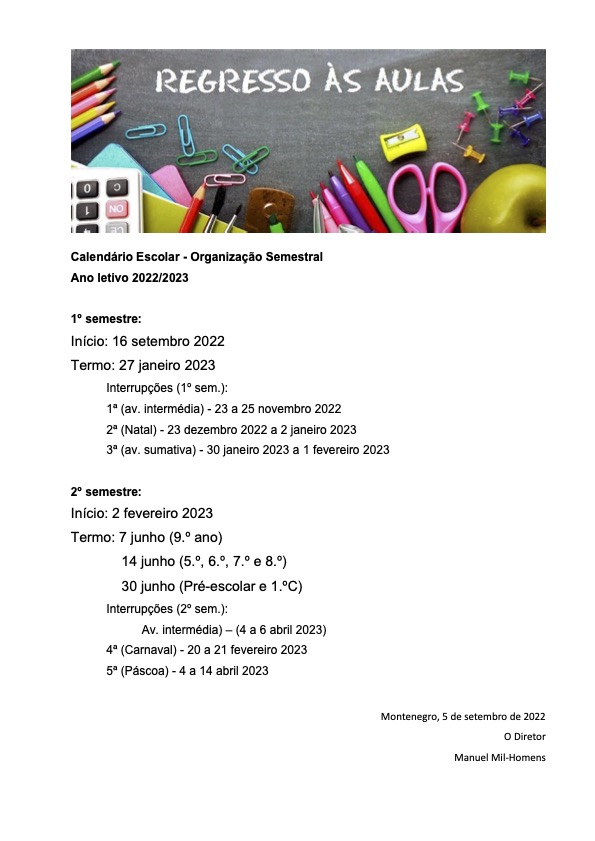 Calendário Escolar 2022-2023 - ORGANIZAÇÃO SEMESTRAL