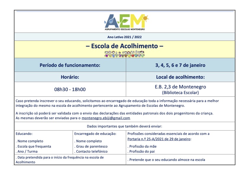 Escola Acolhim Pagina I nformações 2021 2022