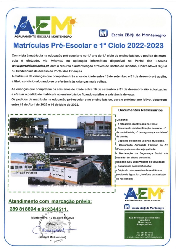 Matrículas Pré-Escolar e 1ºCiclo 2022-2023